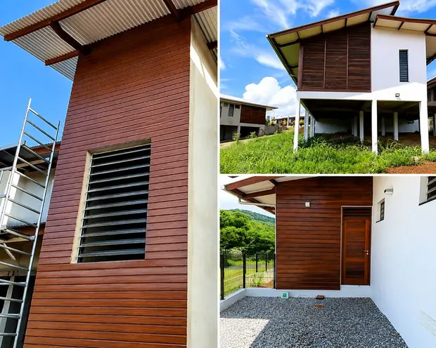 Bardage bois et ventelles brise-vue sur villa en Guyane