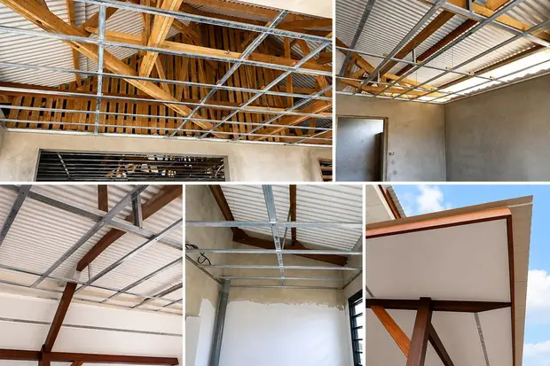Faux plafond sur ossature métallique et charpente bois